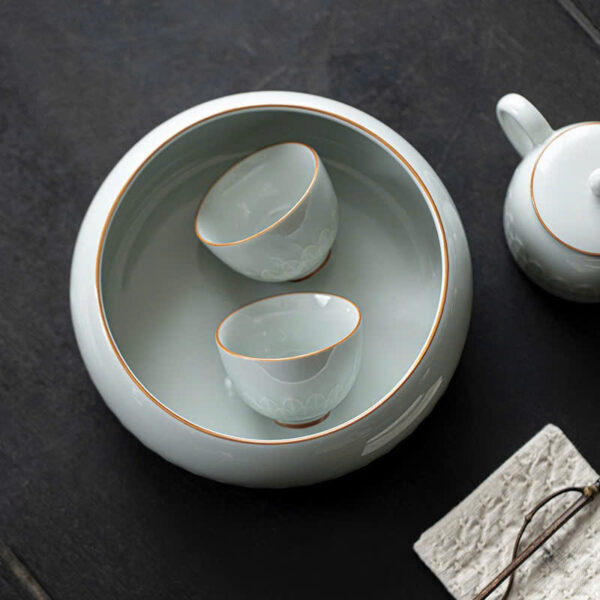 thuyền trà tử sa cao cấp hỏa biến dưỡng chén khắc lan thủ công đẹp bụng 20x cao 8cm.