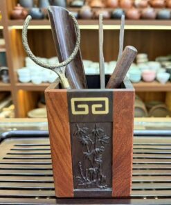 Bộ dụng cụ pha trà gỗ gụ khắc trúc 5 món KH09