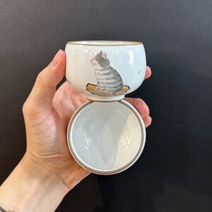 chén uống trà cảnh đức cao cấp nung củi vẽ tay hình mèo đẹp 90ml CS37.