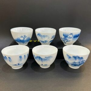 bộ chén cảnh đức vẽ tay sơn thuỷ đẹp 6 cái 60ml dáng cao giữ hương tốt.