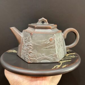 ấm trà hoả biến cao cấp dáng lục phương khắc sơn thuỷ đẹp 400ml thủ công xịn.