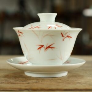 Chén sứ cảnh đức vẽ tay trúc đỏ đẹp dáng tiềm trà 180ml pha trà đạo