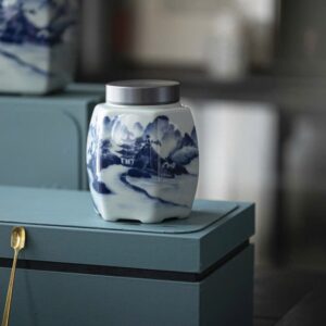 Hũ trà sứ cảnh đức lục giác họa sơn thủy nắp xoáy kín bảo quản trà tốt 800ml HT32.