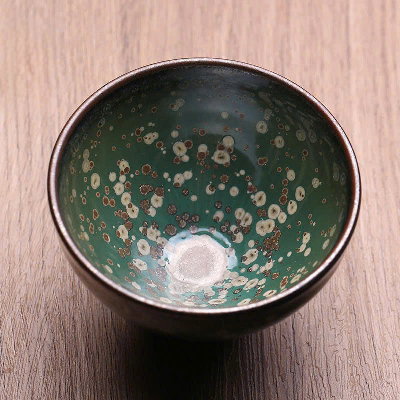 Chen Thien Muc Hoa Mai Anh Xanh 9x6.4cm 130ml Le Dich Minh CTM55 (1) Chén thiên mục kiến trản hoa mai nghệ nhân Lê Địch Minh thủ công cao cấp 130ml .