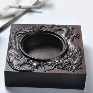 Gạt tàn gỗ gụ nguyên khối hình long phụng dáng vuông 16x4.5cm GTG06.