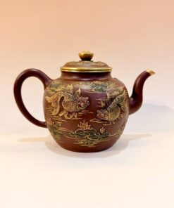 Ấm tử sa cổ đời Thanh "Kim ngư liên hoa" viền vàng (cỡ lớn) 500ml ATS604
