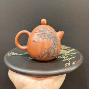Ấm trà tử sa mini cao cấp khắc chùa Hương thủ công nhỏ 150ml pha độc ẩm đối ẩm đẹp.