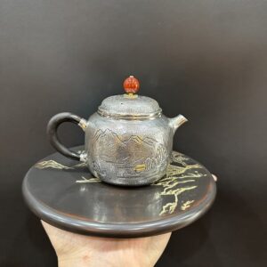 Ấm pha trà bạc nguyên chất ag 999 gò thủ công sơn thủy 240ml pha trà đạo ngon..