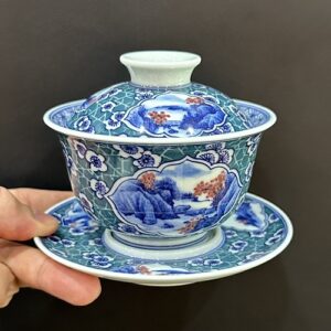 Tiềm trà sứ cảnh đức cao cấp vẽ tay sơn thủy pháp lam 200ml làm chén khải pha trà.