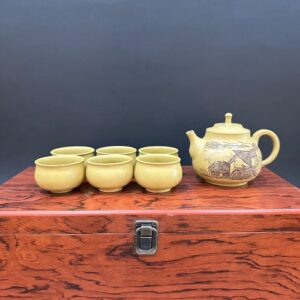 Bộ ấm trà tử sa nê hưng cao cấp thủ công màu vàng hộp gỗ đẹp pha trà ngon.