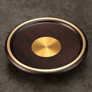 Lót ly trà gỗ gụ mix đồng dáng tròn dày kê ấm chén đẹp 10x2cm LC49.