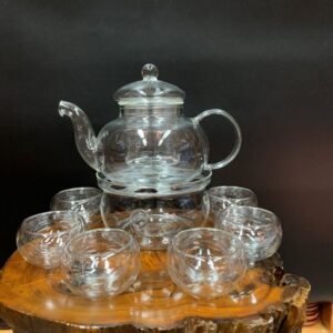 Bộ ấm trà thủy tinh cao cấp có lõi lọc pha trà hoa bền đẹp có cả bếp nến và 6 chén.