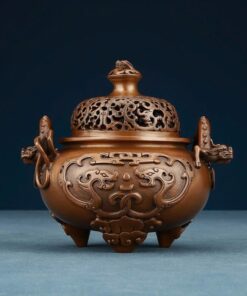 Lư đồng đốt trầm hương nguyên chất dáng đỉnh lưỡng long đẹp 1395g 13x12cm LD56.