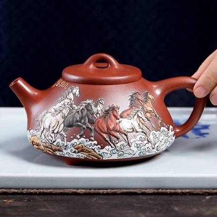 Ấm tử sa đất cũ Nghi Hưng Đáy tào thanh thạch biều "Bát Tuấn Đồ" 290ml ATS20 - Ảnh 3
