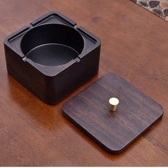 Gạt Tàn Gỗ Gụ Dáng Vuông Có Nắp Cao7.5x12cm GTG09 - Ảnh 2