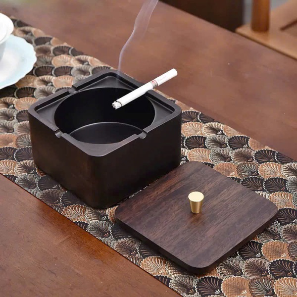 Gạt Tàn Gỗ Gụ Dáng Vuông Có Nắp Cao7.5x12cm GTG09 - Ảnh 3