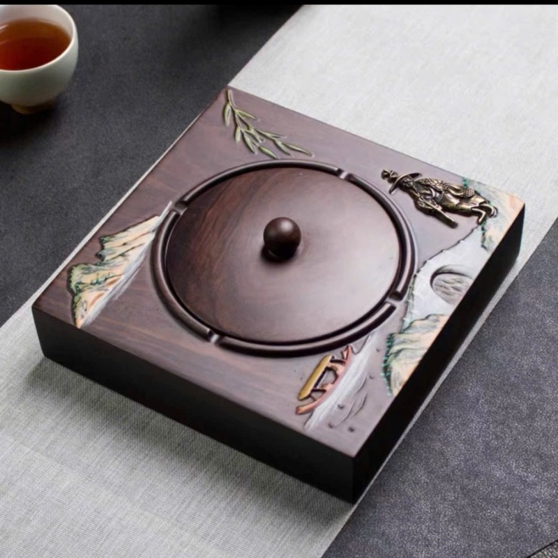 Gạt Tàn Gỗ Không Nắp Khắc Sơn Thuỷ Vuông 18x18cm GTG03 - Ảnh 2