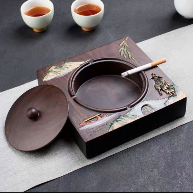 Gạt Tàn Gỗ Không Nắp Khắc Sơn Thuỷ Vuông 18x18cm GTG03 - Ảnh 3